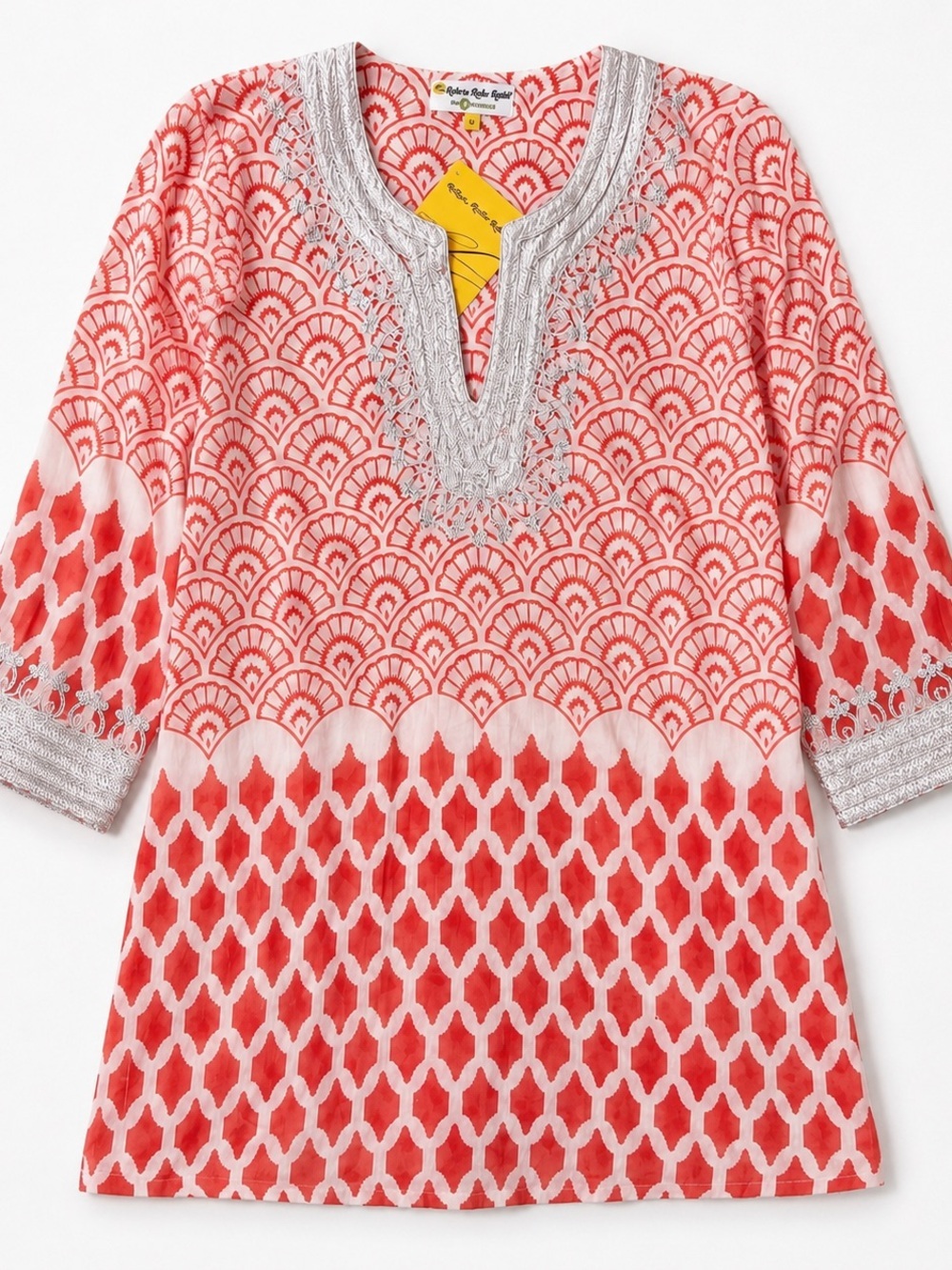 Roller Rabbit Coral & White Tunic with Silver Embroidered V-Neck Size Small NWT